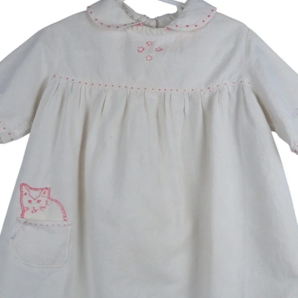 Handmade Antique Cotton Jumpsuit Applique‎ Kitten Pocket Romper Girls Outfit